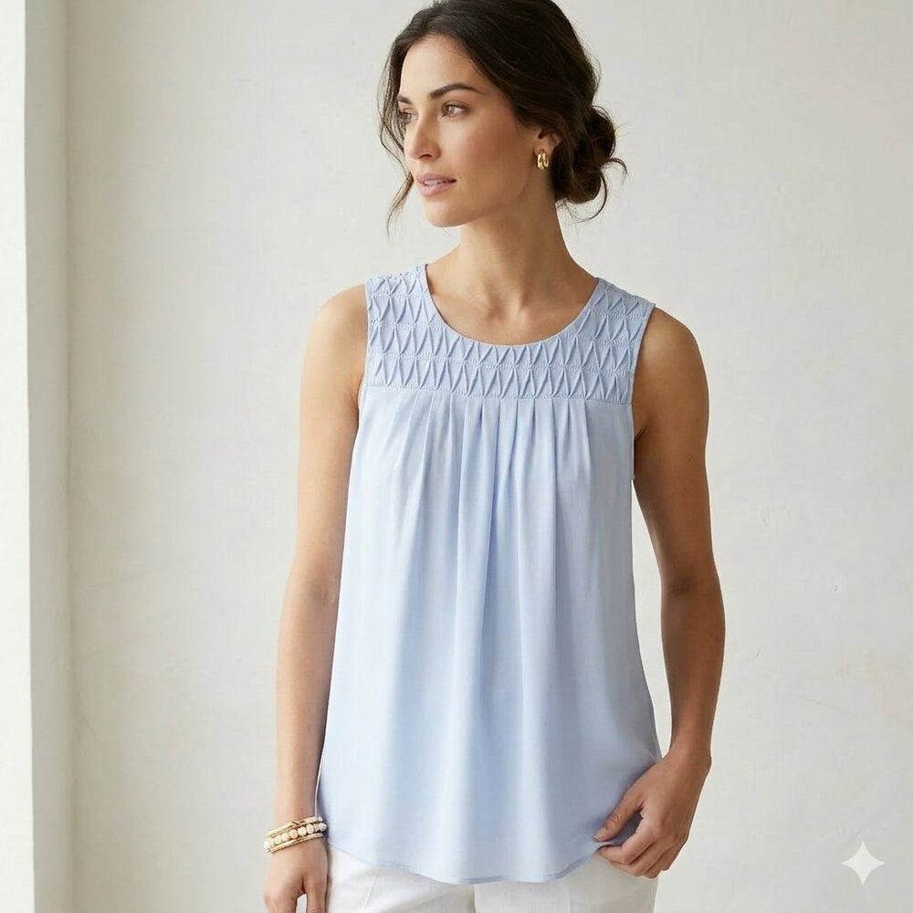 ELLE Soft Sky Blue Smocked Pleated Sleeveless Blouse Size M
